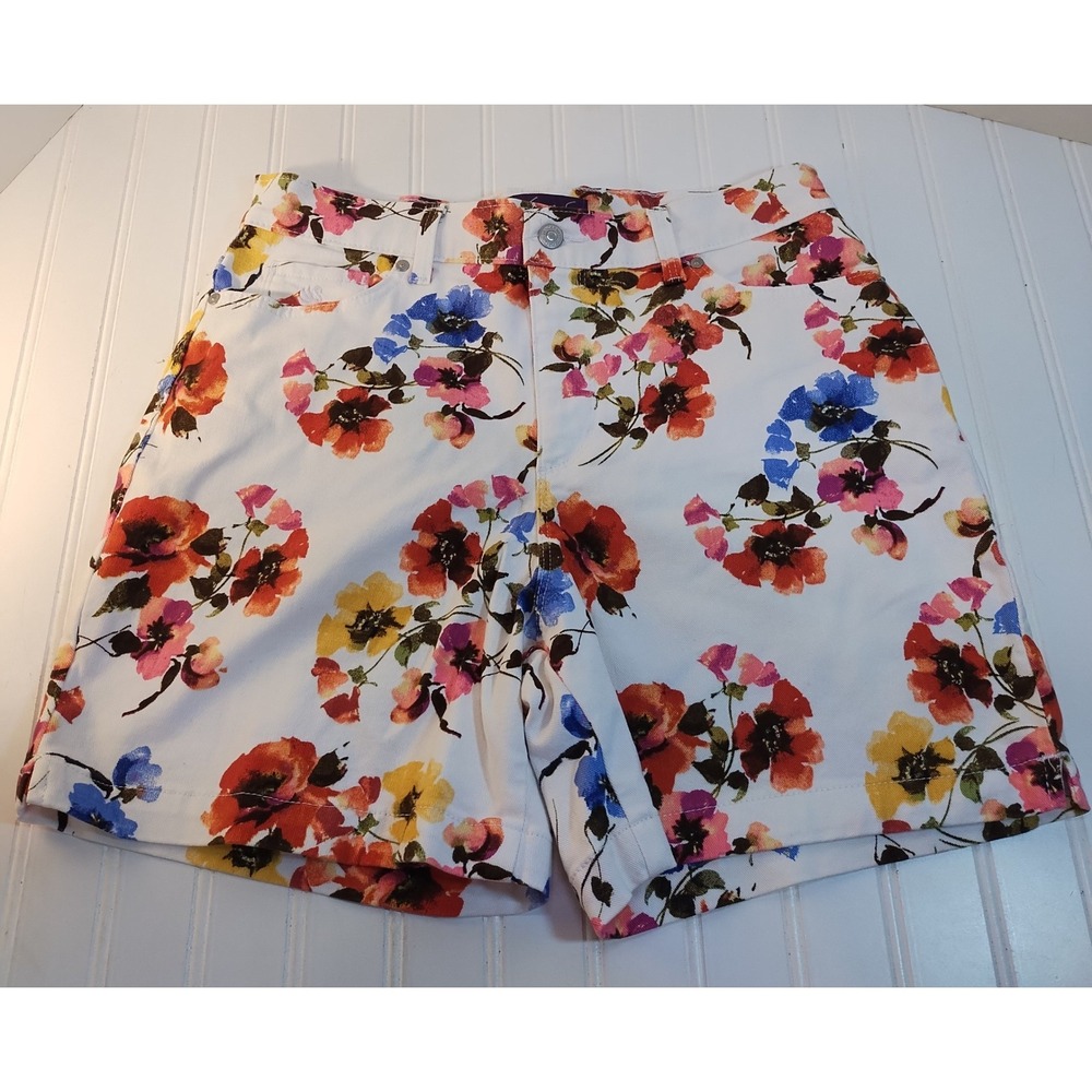 Gloria Vanderbilt Amanda Floral Denim Shorts White Multi Sz12 High Rise Cottage
